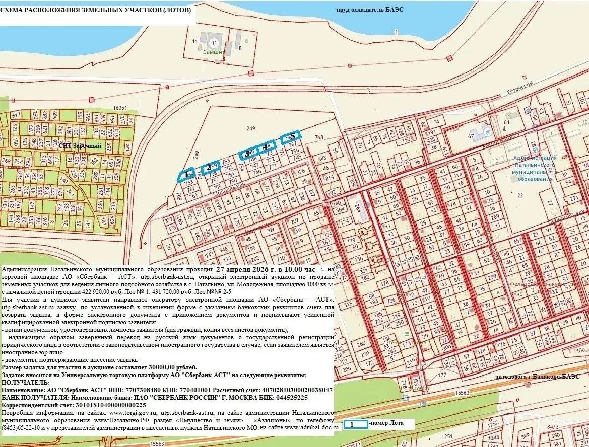 Администрация Натальинского муниципального образования 27 апреля 2026 года в 10.00 на торговой площадке АО «Сбербанк – АСТ»: utp.sberbank-ast.ru, проведет открытый электронный аукцион по продаже земельных участков для...