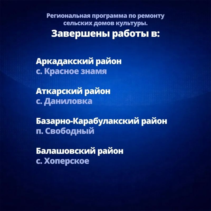 Роман Бусаргин: В 17 селах Саратовской области завершен ремонт домов культуры в рамках нового этапа региональной программы развития территорий Роман Бусаргин: В 17 селах Саратовской области завершен ремонт домов культуры в рамках нового этапа региональной программы развития территорий