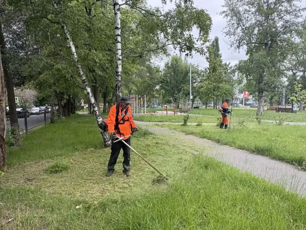 Уборка города. Коммунальные службы осуществляют уборку дорог и тротуаров, мойку и ремонт остановочных павильонов, уход за зелеными зонами, подбор мусора, а также ремонт дорожных знаков и ограждений Уборка города. Коммунальные службы осуществляют уборку дорог и тротуаров, мойку и ремонт остановочных павильонов, уход за зелеными зонами, подбор мусора, а также ремонт дорожных знаков и ограждений